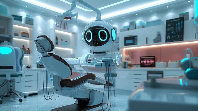Futuristic android robot dentist treating a patient in a modern dental clinic, detailed equipment and environment, photorealistic human job setting