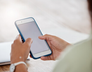 Woman, hands and phone with mockup screen for social media update, internet scroll and connection in home. Female person, typing and mobile with marketing space for promotion and online app review