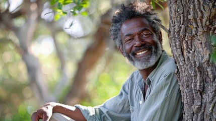 Beauty of a natural park, a black afro American man in his 50s radiates genuine happiness, his...