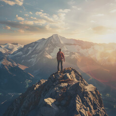 Summit Reflections: Awe-Inspiring Hiker on Mountain Peak, Cinematic 8K Wide-Angle Shot with Dramatic Lighting and Realistic Shadows