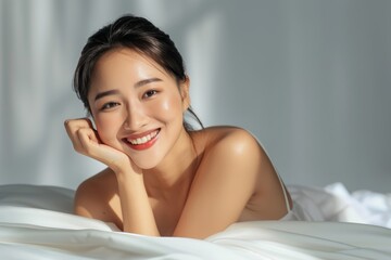 Naklejka premium Beautiful young asian woman with clean fresh skin on white background, Face care, Facial treatment, Cosmetology, beauty and spa, Asian women portrait.