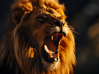 Majestic Roaring Lion in Stunning 8K Resolution - Cinematic Close-Up with Realistic Shadows and Dramatic Lighting