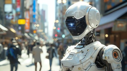 Fototapeta premium Hyperrealistic android robot journalist reporting live from a bustling city street, detailed surroundings and equipment, dynamic human job scene