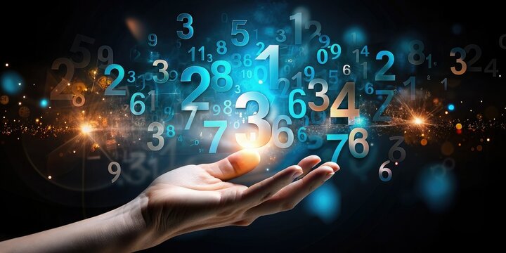 hand holding floating numbers, against a background of glowing bokeh lights and interconnected digital nodes. The combination of numbers and high technology symbolizes data and the digital world