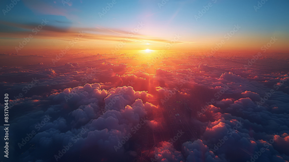 Poster aerial view from airplane window at high altitude of little planet distant city covered with layer o