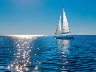 Serene Sailboat Gliding on Sunlit Seas - Nautical Photography of White Sailboat on Sparkling Ocean Waves Under Sunny Skies
