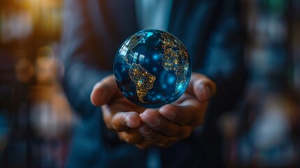 Fototapeta premium A businessman holds a blue glowing earth
