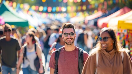 Summer Festival Atmosphere with Colorful Canopies and Happy Crowd