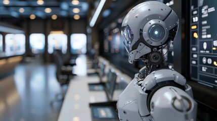 Fototapeta premium Lifelike android robot security guard monitoring a hightech facility, detailed surveillance equipment, photorealistic human job activity