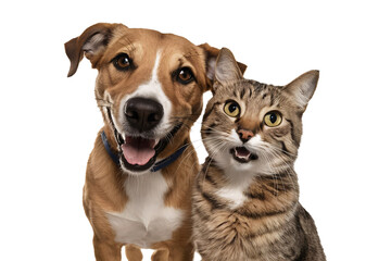 Portrait of happy and surprised dog and cat sit on the floor, looking at the camera together, isolated on transparent background