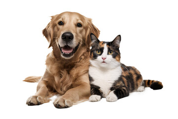 Portrait of happy and surprised dog and cat sit on the floor, looking at the camera together, isolated on transparent background