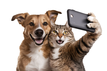 Smiley Dog and Cat looking at the camera and taking selfie together, isolated on transparent background. friendship, friendliness between cat and dog