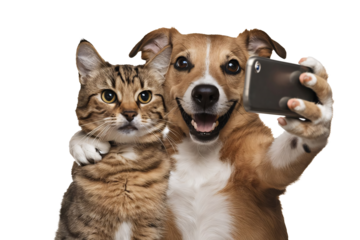 Smiley Dog and Cat looking at the camera and taking selfie together, isolated on transparent background. friendship, friendliness between cat and dog