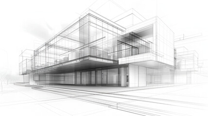 Sketch design of wireframe of building. Digital project visualization and white background ai generative