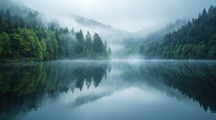 lake with beautiful views of large trees and mist