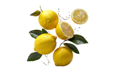 Lemon with half slices and green leaves, water splashing on it floating in the air, isolated on transparent background, Fresh ripe lemon organic fruits