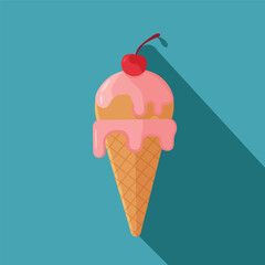 Cone ice cream with a cherry on top. Cream is melting, Ice cream gelato flat minimalist vector illustration