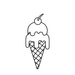 Cone ice cream with a cherry on top. Cream is melting, Ice cream gelato outline drawings, editable stroke