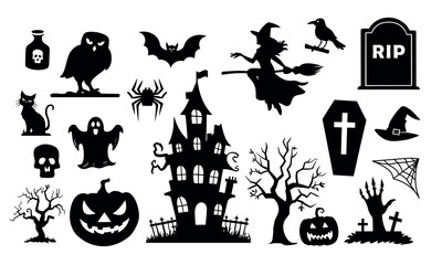 Collection of Halloween silhouettes. Haunted house, creepy tree, flying witch, pumpkins, halloween ghost, owl, coffin lid etc