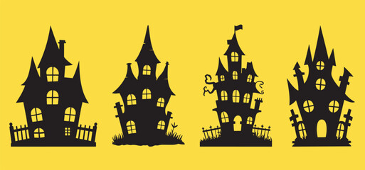 Set of Halloween Castle, Spooky Haunted Houses Silhouettes on Yellow Background