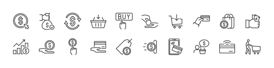 purchase, pay, buy, money outline icons set