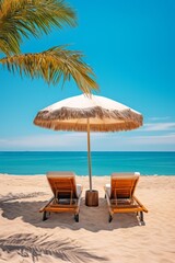 Fototapeta premium Ocean coast with palm trees, sun loungers, awnings. Summer holiday concept, summer resort, vertical 