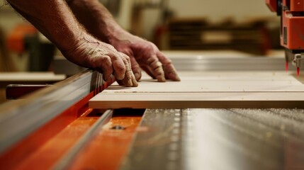 Hands of a carpenter using a table saw to cut a piece of wood in a woodworking shop. Focus on precision and craftsmanship.