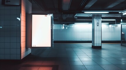 Fototapeta premium Two indoor outdoor city light mall shop template Blank billboard mock up in a subway station underground interior Urban light box inside advertisement metro airport vertical : Generative AI