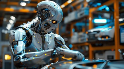 Fototapeta premium Realistic android robot mechanic repairing a car in a detailed garage, photorealistic human job activity, highdefinition tools and parts
