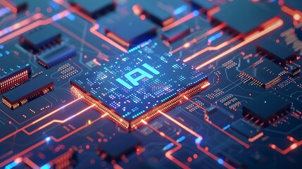 Obraz premium AI Microchip on Futuristic Circuit Board with Neon Colors