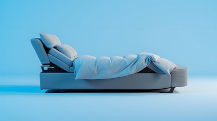 Smart bed with adjustable settings, sleep technology, solid sky blue background, luxurious design