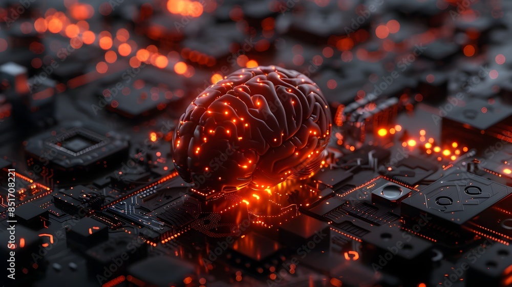 Poster brain with intricate circuit patterns symbolizing the of technology and cognition