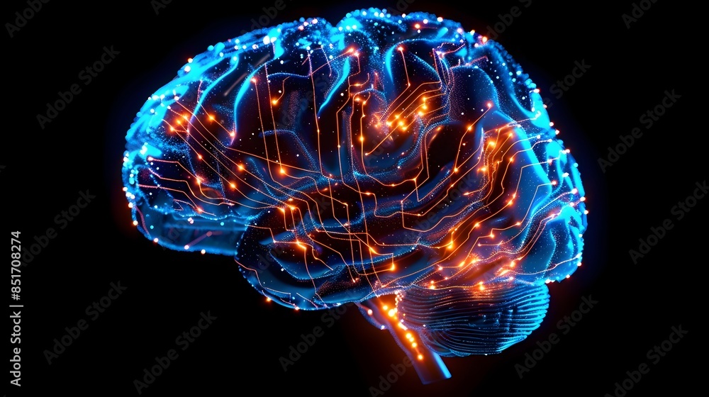 Poster brain interconnected with intricate circuit patterns symbolizing technology and cognition