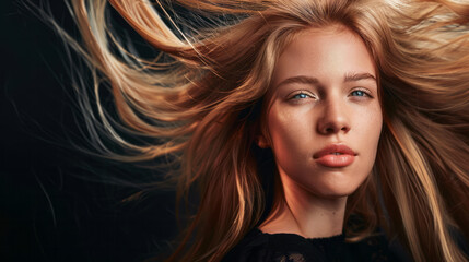 Close up of the face of a girl with brown hair on a dark background. The concept of improving the appearance of hair, revealing femininity and attractiveness, and developing the hairdressing business.