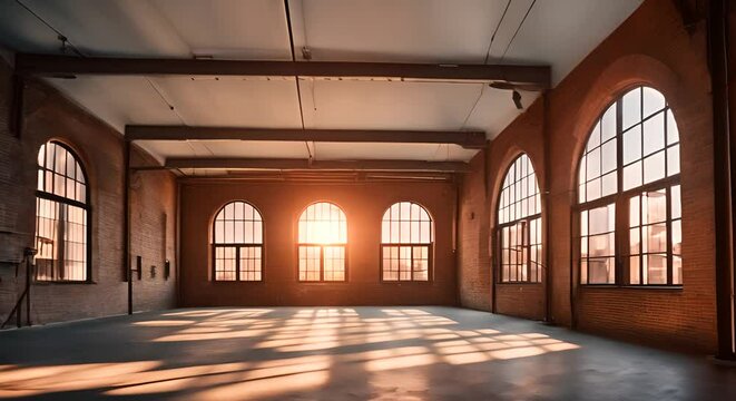 Empty Industrial Loft with arched windows and brick walls