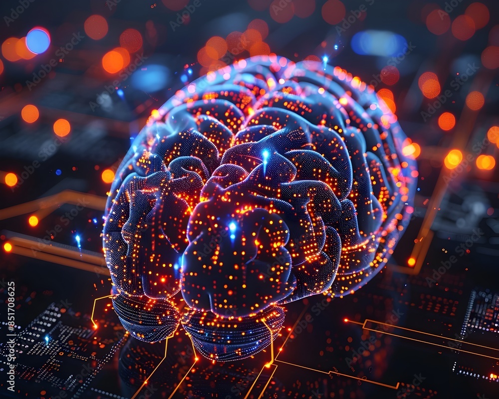 Poster holographic brain projections displaying complex data and analytics