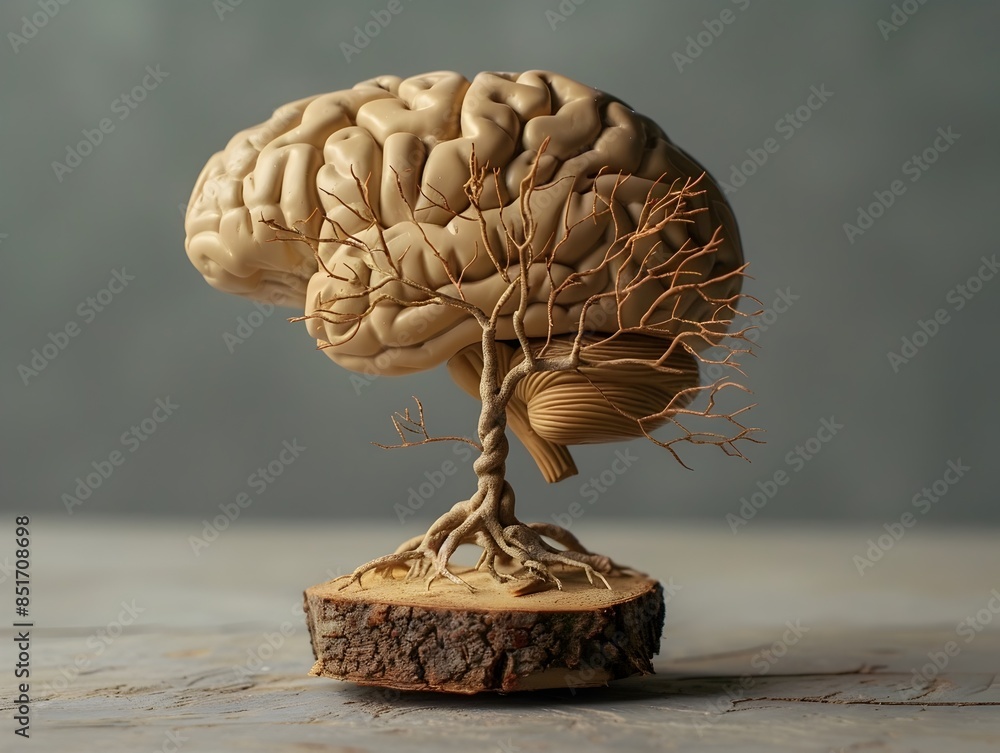 Poster symbolic brain with organic tree roots representing knowledge growth and learning concept