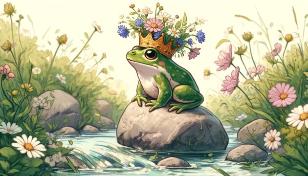 A small frog wearing a crown made of wildflowers, sitting regally on a rock in the middle of a bubbling brook.