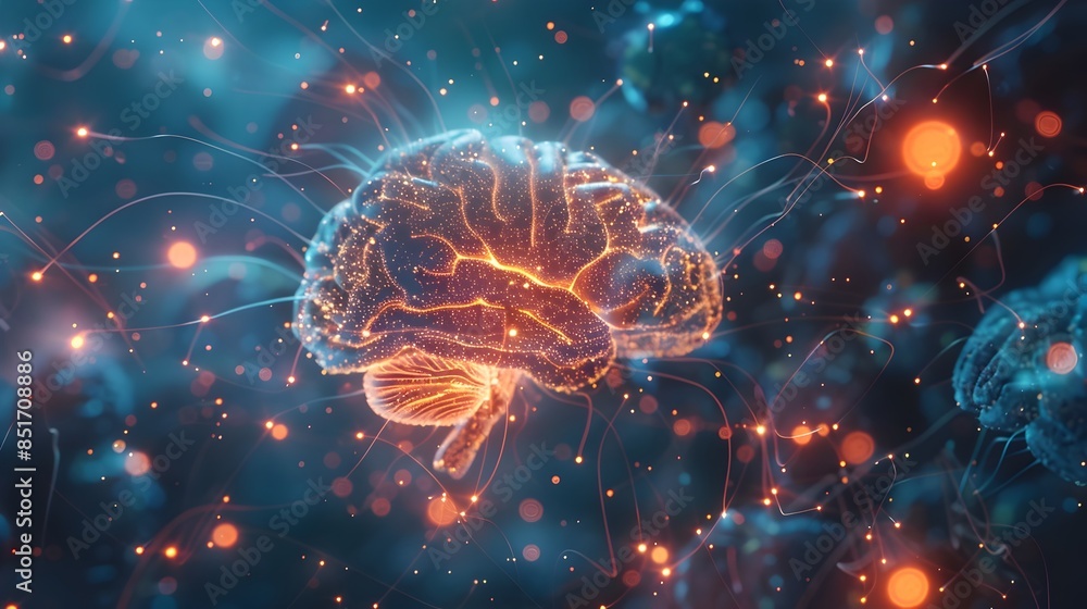 Poster glowing brain with illuminated neural connections highlighting cognitive power and communication