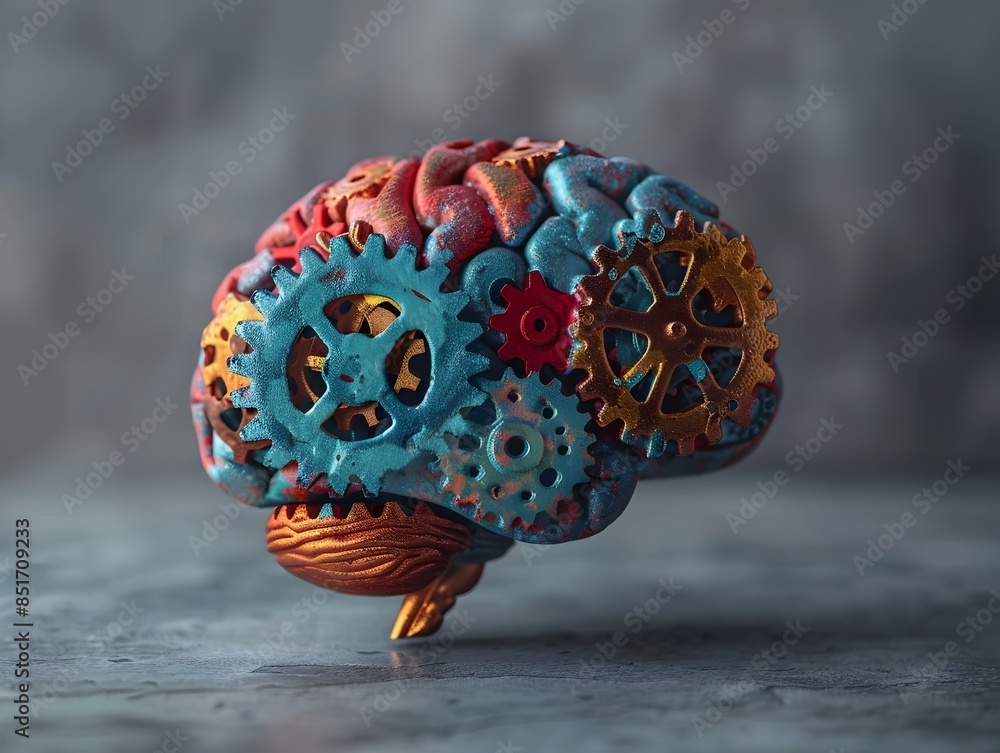 Poster mechanical brain with gears turning illustrating innovative problem solving and analytical thinking 