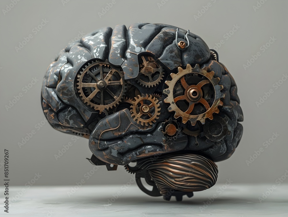 Poster brain with gears turning illustrating mechanical thinking and problem solving concept