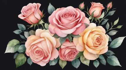 Hand drawn watercolor decorative rose bouquet. Isolated background