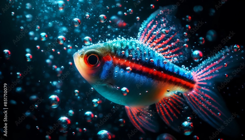 Wall mural a close-up of a neon tetra fish in a dark aquarium setting, highlighting its bright blue and red str - Wall murals