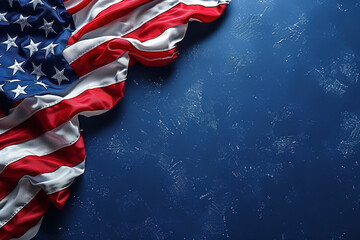 Folded American rag flag on blue surface, with copy space. For design, print, card, greeting card, banner, poster, flyer, advertising, wallpaper, for patriotic themes. USA Independence Day concept