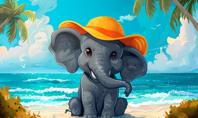 cartoon Elephant wearing hat at the beach