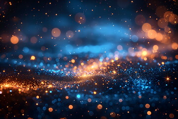 Fototapeta premium Space golden blue glow background with copy space, gold particles and abstract bokeh, glittering with sparkling lights. Dreamy soft backdrop wallpaper, illuminated night glowing with shine effects