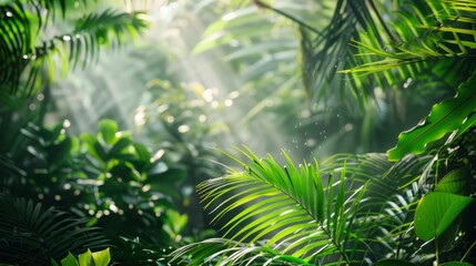 Lush Greenery: Sunlight Filters Through Tropical Leaves in Gentle Breeze