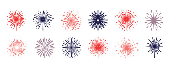 Fireworks set for independence day USA, Holiday and party firework, United States of America, vector illustration isolated on white background