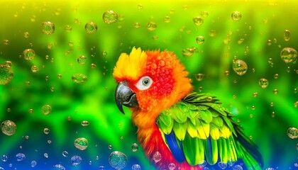 A brightly colored parrot with its feathers fluffed, surrounded by tiny, glistening raindrops, creating a vivid contrast against a lush green rainfore.