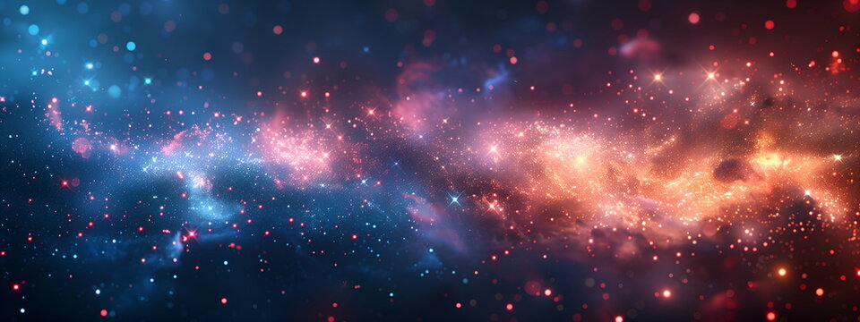 Nebula in deep space with vibrant colors of pink, blue, and purple. Inspiring view of universe with stars and galaxies. Concept centered around space and science themes. Banner with copy space